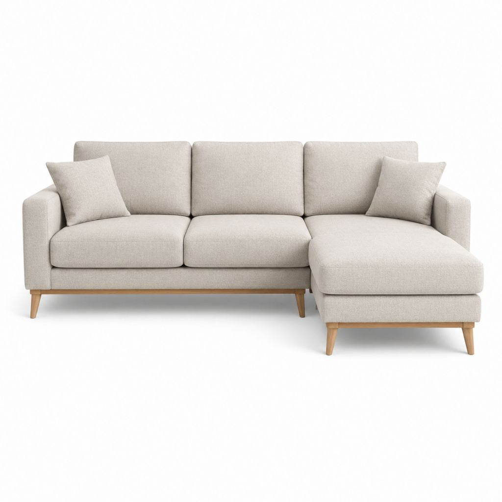 Ecksofa mit Recamiere rechts Beige Polyester L-Form 250 x 155 x 85 cm