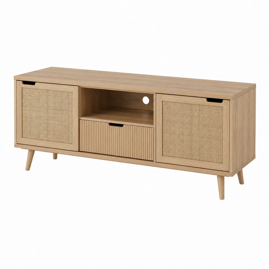 TV-Lowboard mit 2 Türen Schublade und Kabelöffnung Eichefarben MDF Rattan rechteckig 140 x 40 x 60 cm