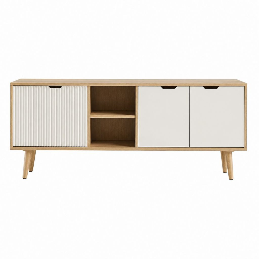 TV-Lowboard Natur Ecru MDF Rechteckig 160 x 40 x 75 cm mit 3 Türen und offenen Fächern